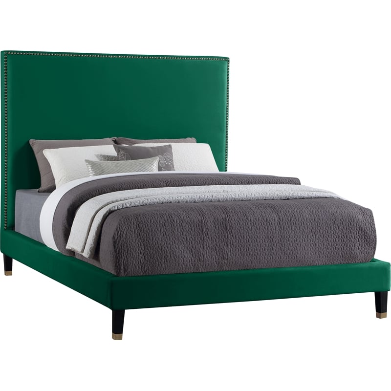 Bowery Hill Contemporary Soft Green Velvet King Bed with Brass Nailheads