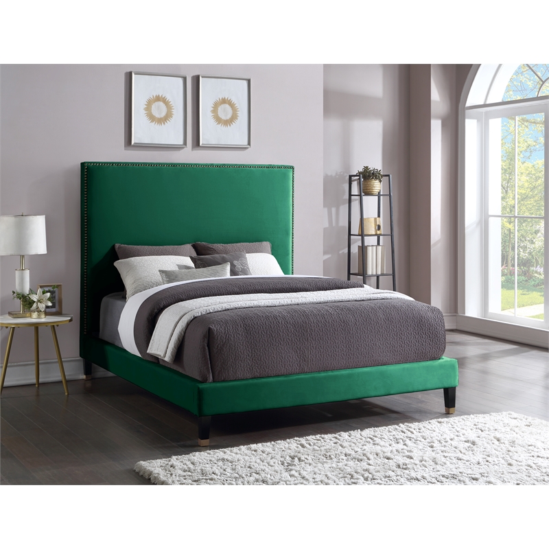 Bowery Hill Contemporary Soft Green Velvet Queen Bed with Brass Nailheads