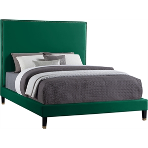 Bowery Hill Contemporary Soft Green Velvet Queen Bed with Brass Nailheads