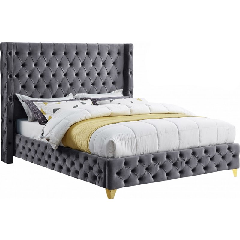 Bowery Hill Contemporary Deep Button Tufted Rich Gray Velvet Full Bed