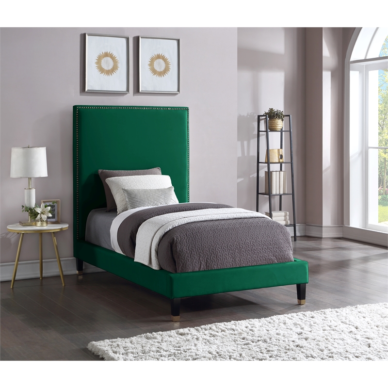 Bowery Hill Contemporary Soft Green Velvet Twin Bed with Brass Nailheads