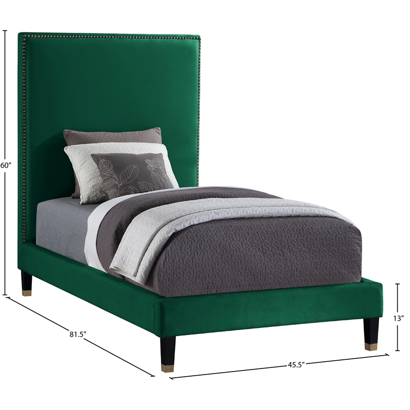 Bowery Hill Contemporary Soft Green Velvet Twin Bed with Brass Nailheads