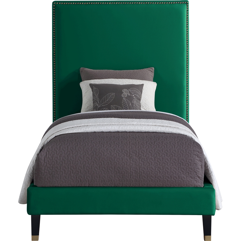 Bowery Hill Contemporary Soft Green Velvet Twin Bed with Brass Nailheads