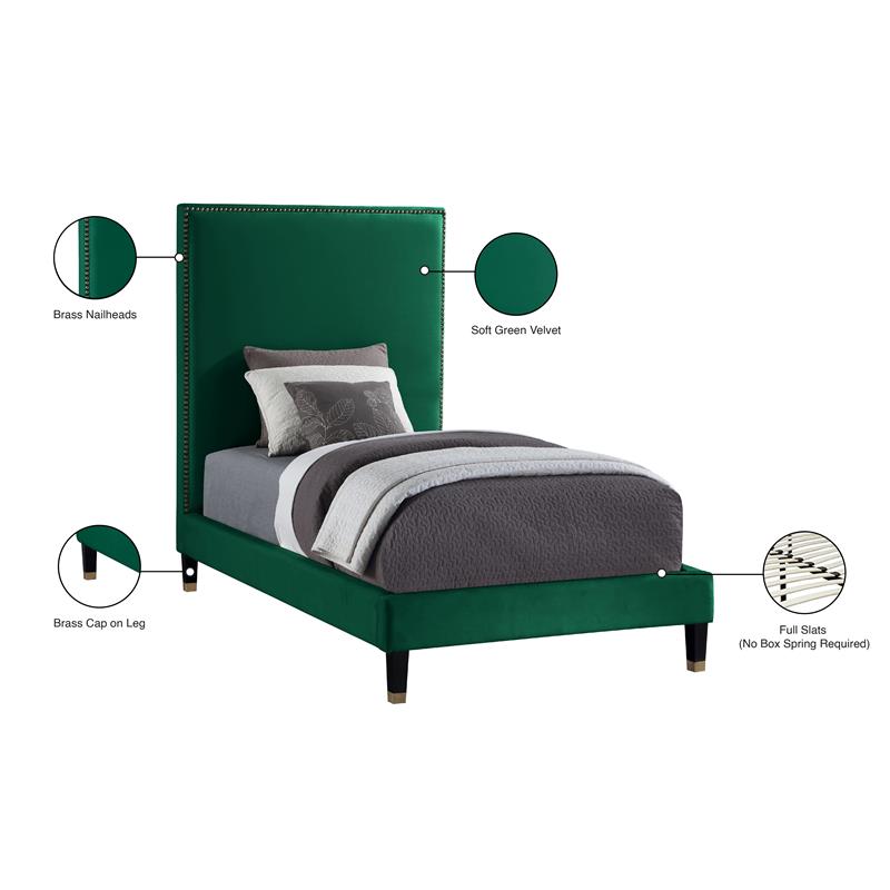 Bowery Hill Contemporary Soft Green Velvet Twin Bed with Brass Nailheads