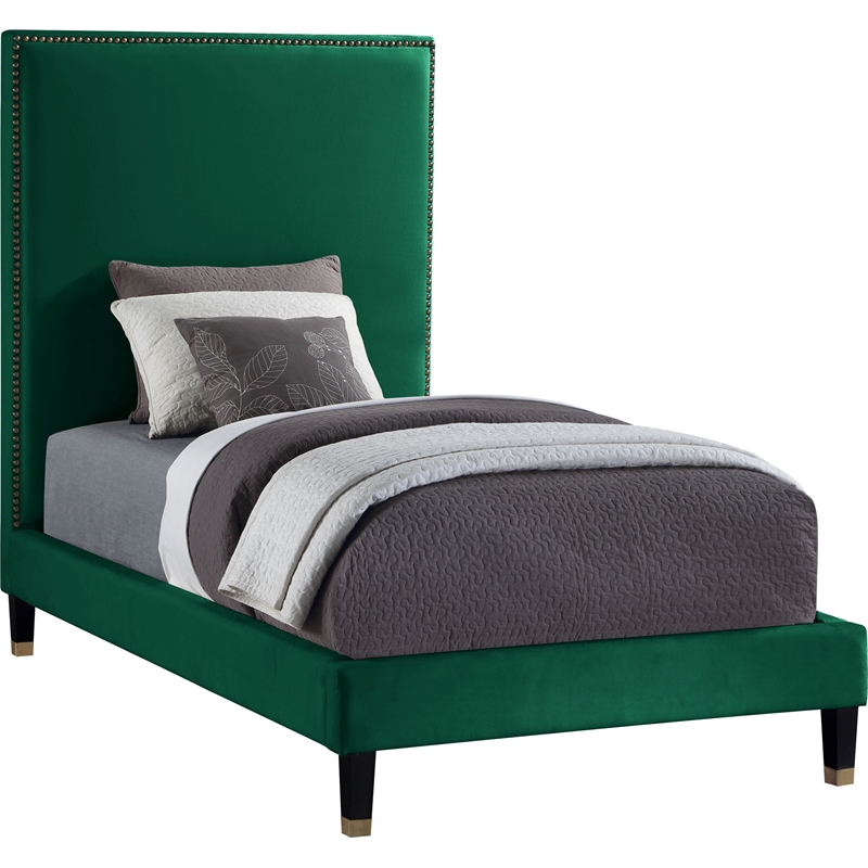 Bowery Hill Contemporary Soft Green Velvet Twin Bed with Brass Nailheads