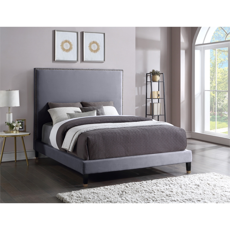 Bowery Hill Contemporary Soft Gray Velvet Full Bed with Brass Nailheads