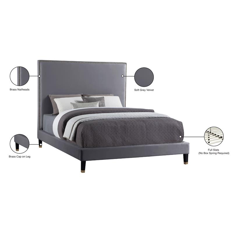 Bowery Hill Contemporary Soft Gray Velvet Queen Bed with Brass Nailheads