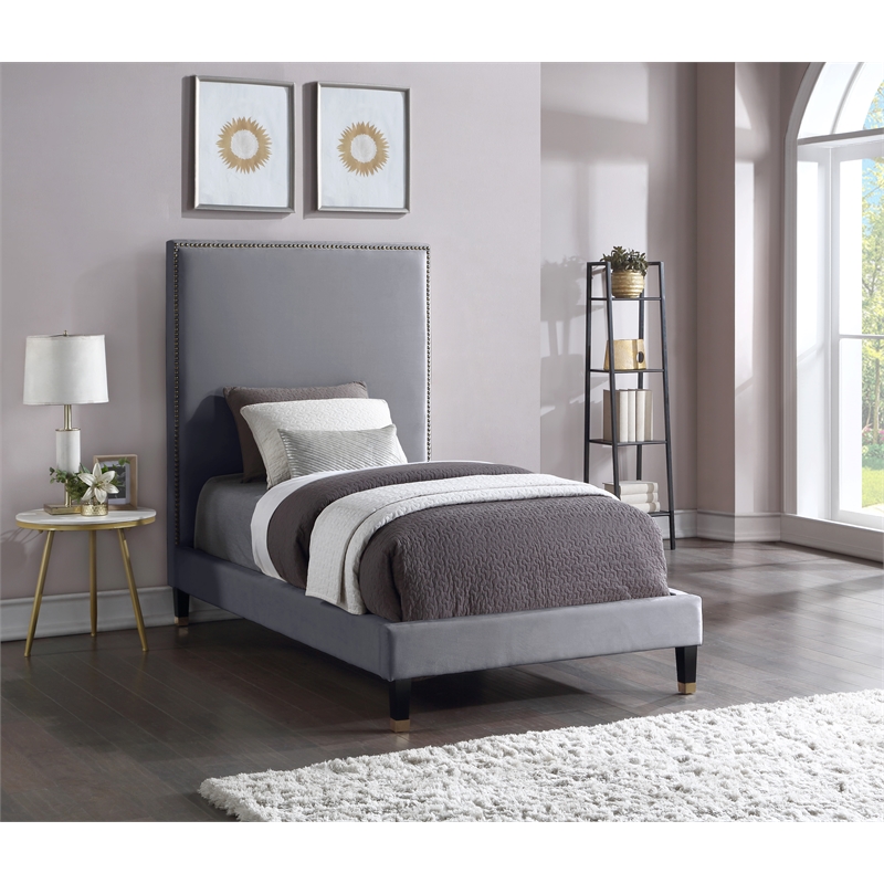 Bowery Hill Contemporary Soft Gray Velvet Twin Bed with Brass Nailheads