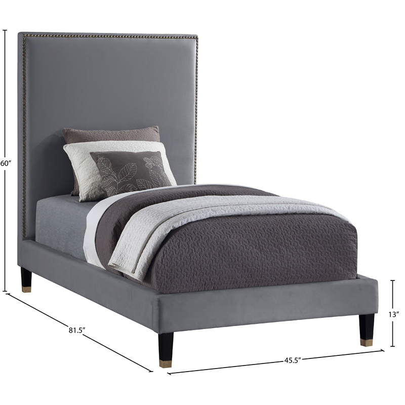 Bowery Hill Contemporary Soft Gray Velvet Twin Bed with Brass Nailheads
