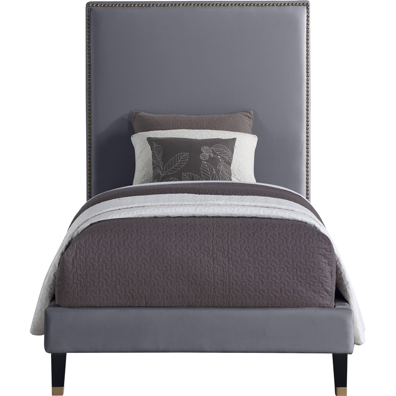 Bowery Hill Contemporary Soft Gray Velvet Twin Bed with Brass Nailheads