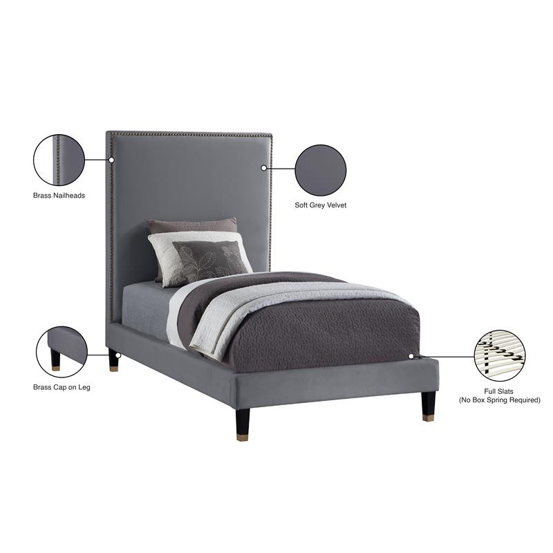 Bowery Hill Contemporary Soft Gray Velvet Twin Bed with Brass Nailheads