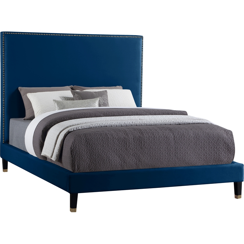 Bowery Hill Contemporary Soft Navy Velvet Full Bed with Brass Nailheads
