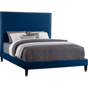 Bowery Hill Contemporary Soft Navy Velvet Full Bed with Brass Nailheads