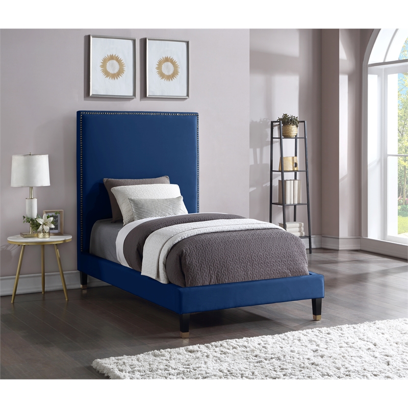 Bowery Hill Contemporary Soft Navy Velvet Twin Bed with Brass Nailheads