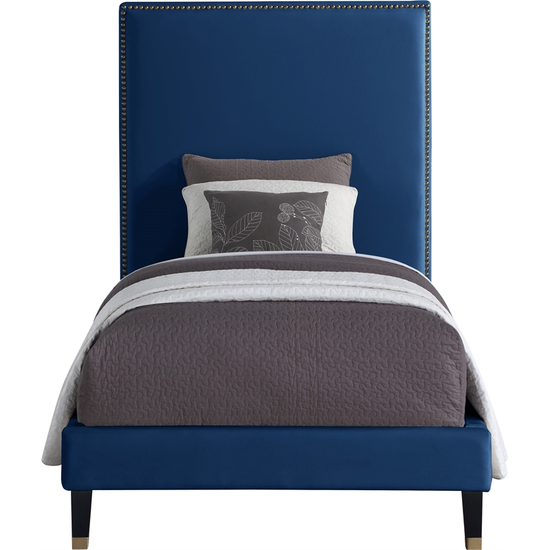 Bowery Hill Contemporary Soft Navy Velvet Twin Bed with Brass Nailheads