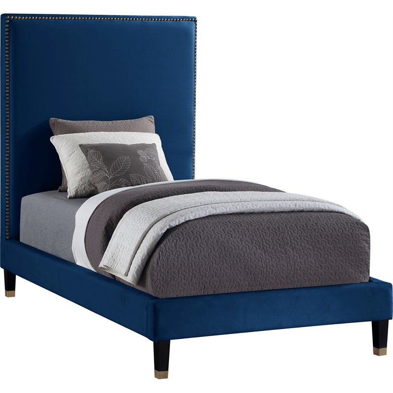 Bowery Hill Contemporary Soft Navy Velvet Twin Bed with Brass Nailheads