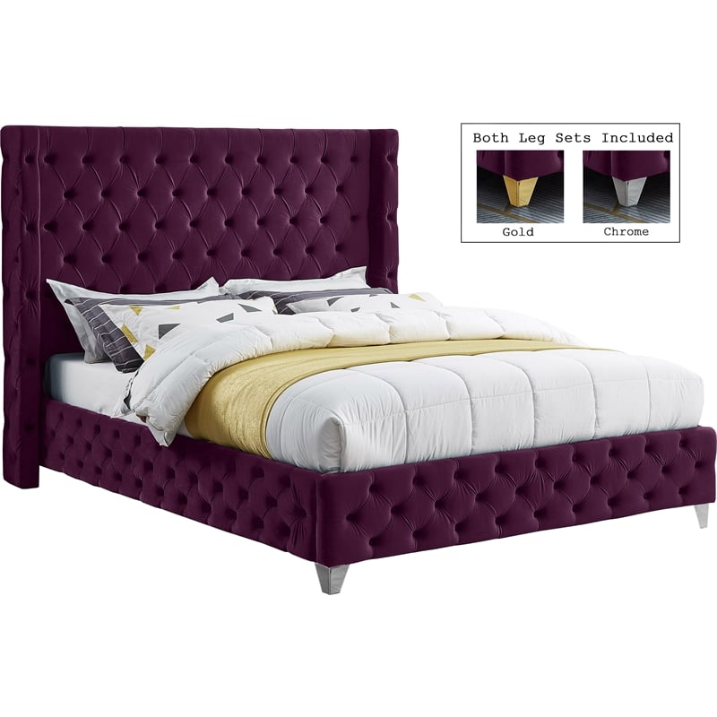 Bowery Hill Contemporary Deep Button Tufted Rich Purple Velvet Queen Bed