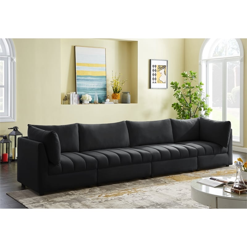 Bowery Hill Contemporary Deep Channel Tufted Soft Black Velvet Modular Sofa