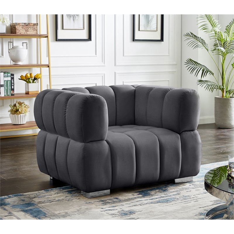 Bowery Hill Contemporary Biscuit Tufted Soft Grey Velvet Chair