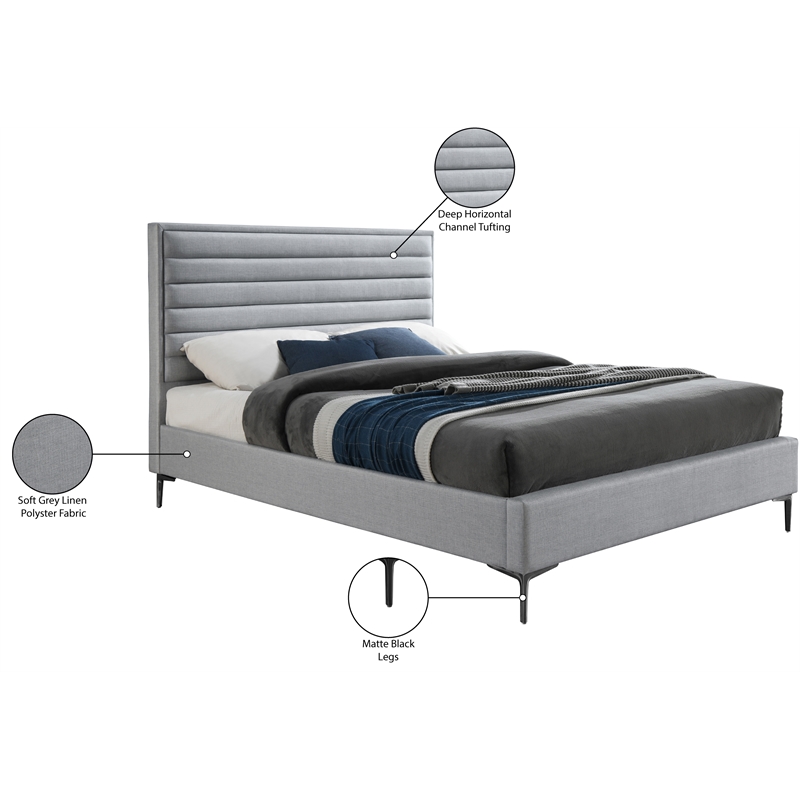 Bowery Hill Contemporary Deep Channel Tufted Textured Soft Grey Linen Full Bed