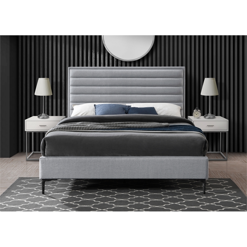 Bowery Hill Contemporary Deep Channel Tufted Textured Soft Grey Linen Full Bed