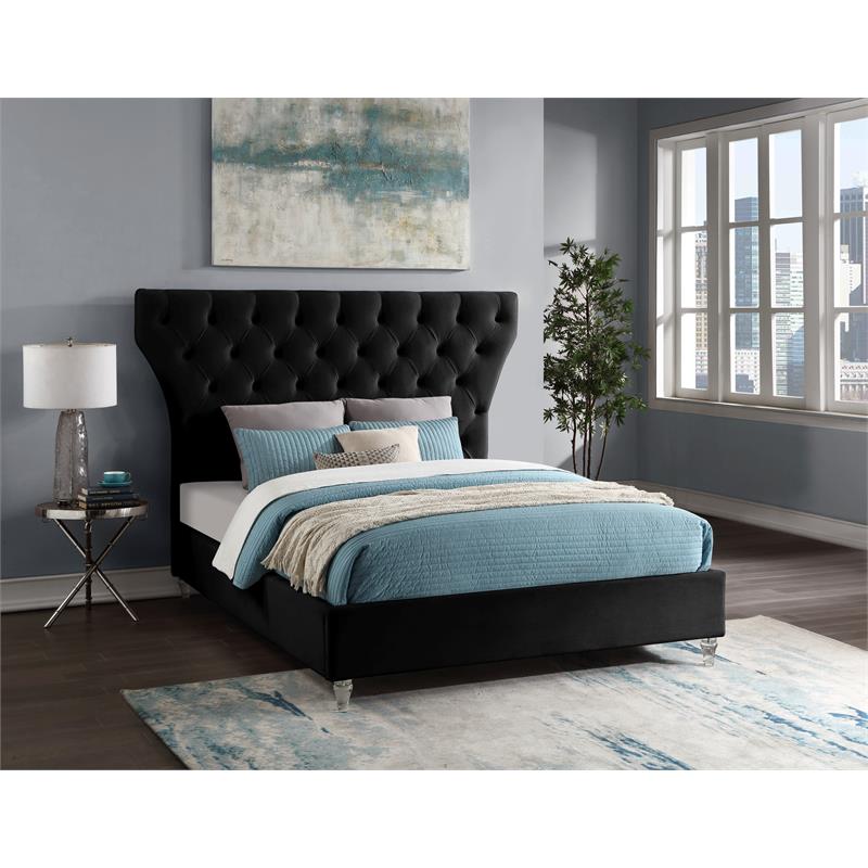 Bowery Hill Contemporary Deep Button Tufted Soft Black Velvet Queen Bed