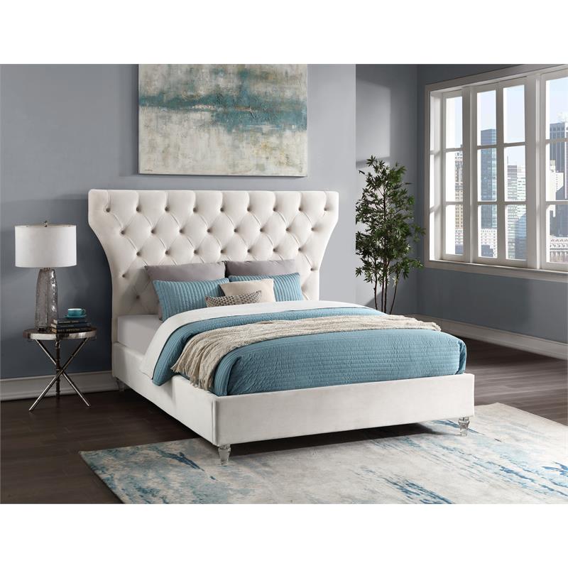 Bowery Hill Contemporary Deep Button Tufted Soft Cream Velvet King Bed
