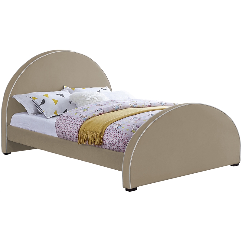 Bowery Hill Contemporary Beige Velvet Queen Bed with Dark Espresso Wood Legs
