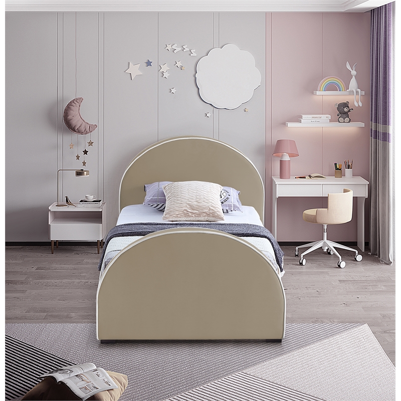 Bowery Hill Contemporary Beige Velvet Twin Bed with Dark Espresso Wood Legs