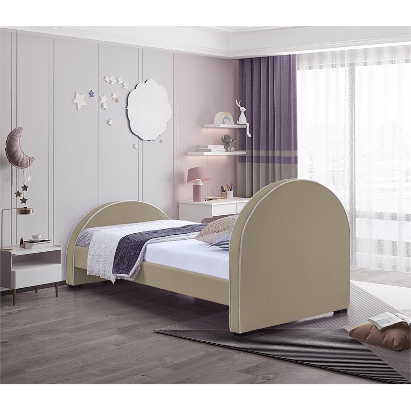 Bowery Hill Contemporary Beige Velvet Twin Bed with Dark Espresso Wood Legs