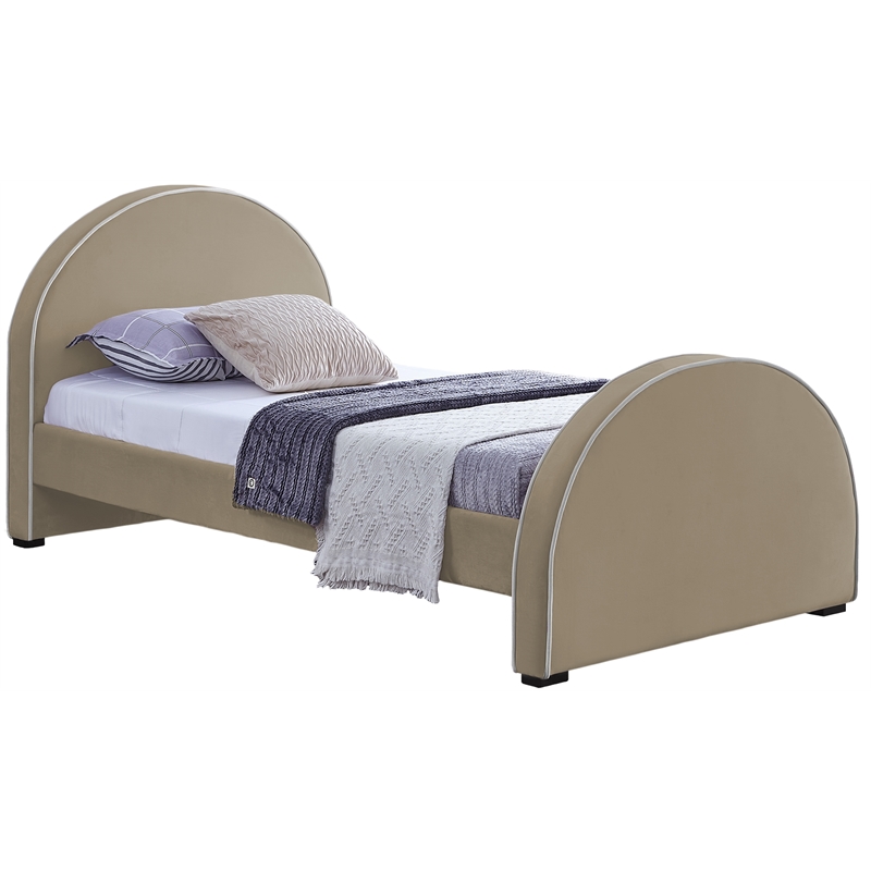 Bowery Hill Contemporary Beige Velvet Twin Bed with Dark Espresso Wood Legs