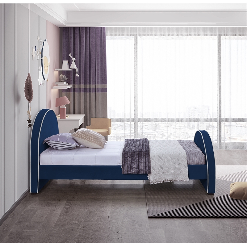 Bowery Hill Contemporary Navy Velvet Twin Bed with Dark Espresso Wood Legs