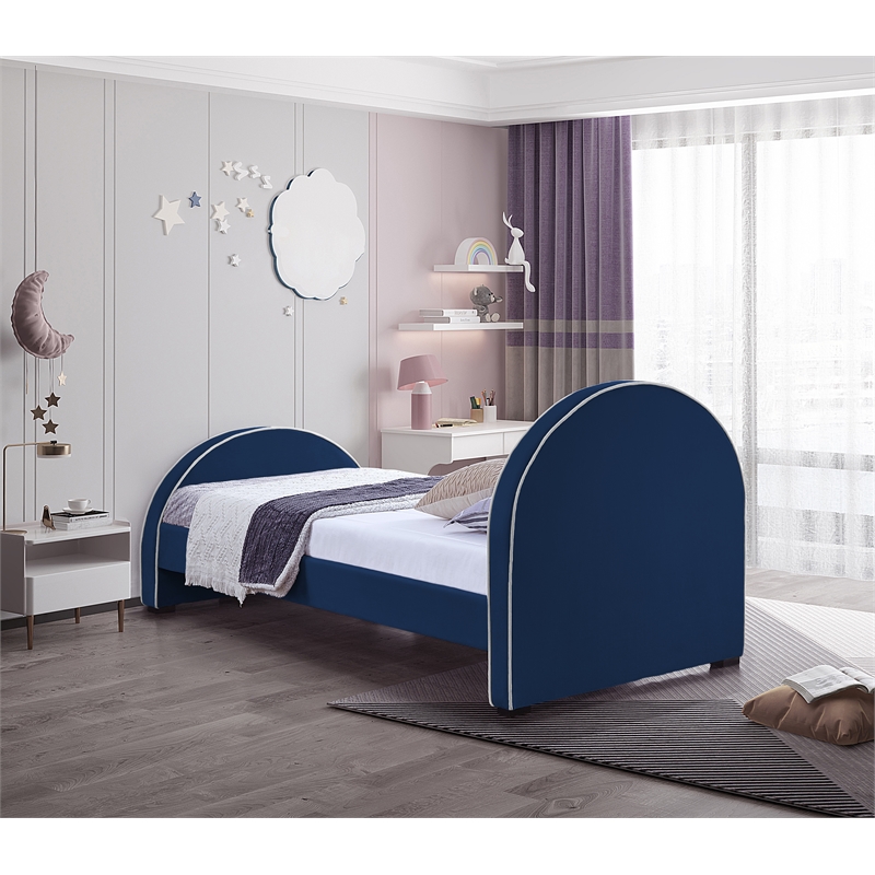 Bowery Hill Contemporary Navy Velvet Twin Bed with Dark Espresso Wood Legs