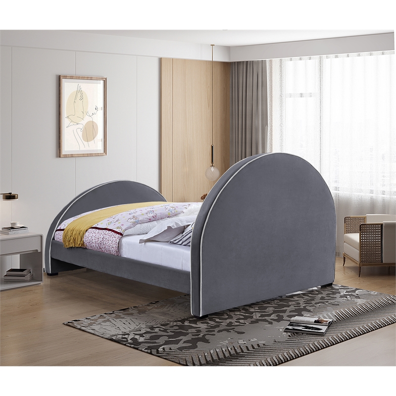 Bowery Hill Contemporary Grey Velvet Full Bed with Dark Espresso Wood Legs