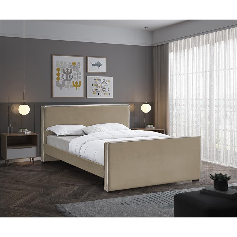 Bowery Hill Contemporary Beige Velvet King Bed with Dark Espresso Wood Legs