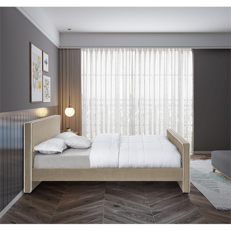 Bowery Hill Contemporary Beige Velvet King Bed with Dark Espresso Wood Legs