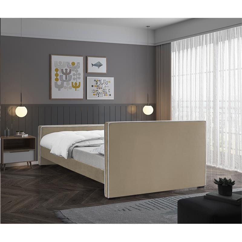 Bowery Hill Contemporary Beige Velvet King Bed with Dark Espresso Wood Legs