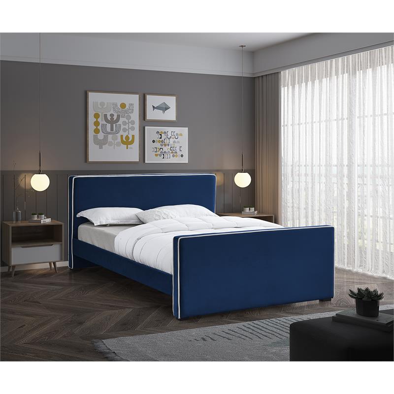 Bowery Hill Contemporary Navy Velvet King Bed with Dark Espresso Wood Legs