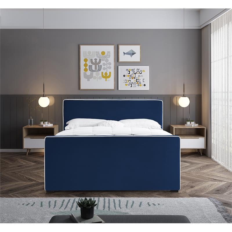 Bowery Hill Contemporary Navy Velvet King Bed with Dark Espresso Wood Legs