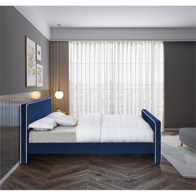 Bowery Hill Contemporary Navy Velvet King Bed with Dark Espresso Wood Legs