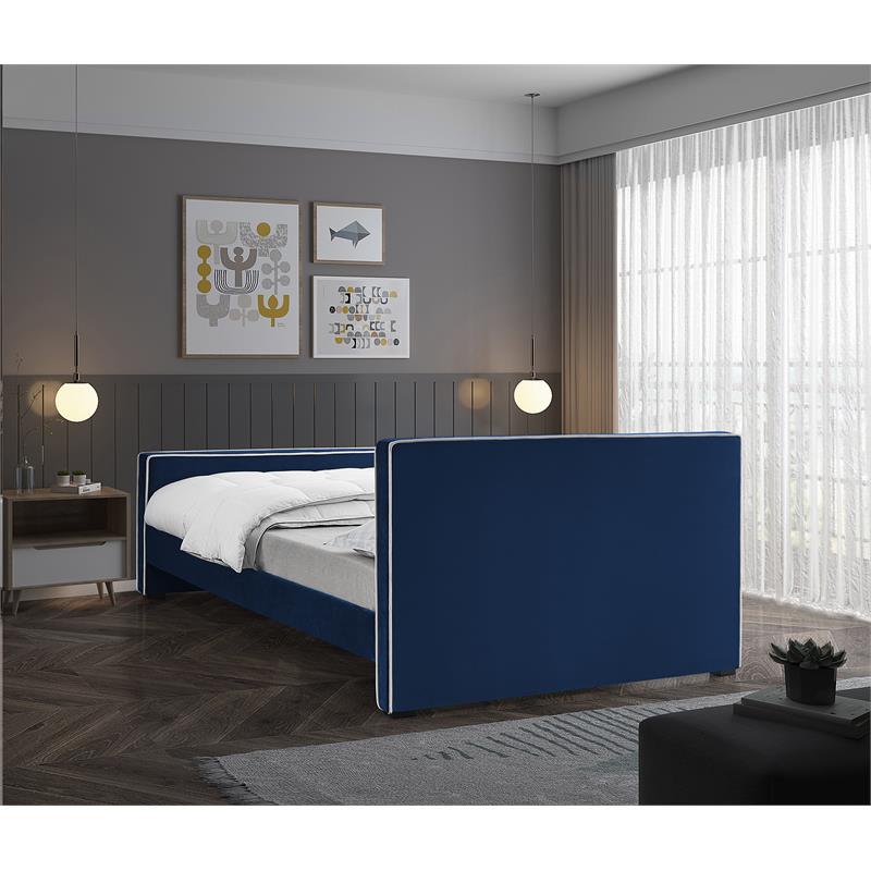 Bowery Hill Contemporary Navy Velvet King Bed with Dark Espresso Wood Legs