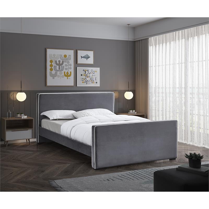 Bowery Hill Contemporary Grey Velvet King Bed with Dark Espresso Wood Legs