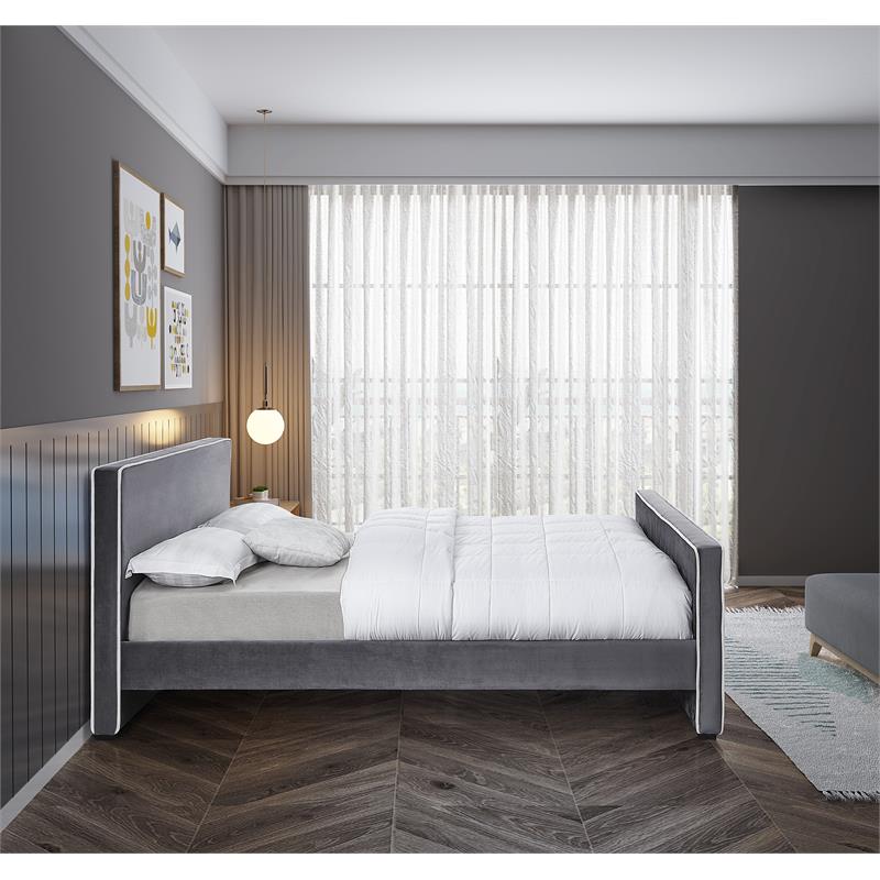 Bowery Hill Contemporary Grey Velvet King Bed with Dark Espresso Wood Legs