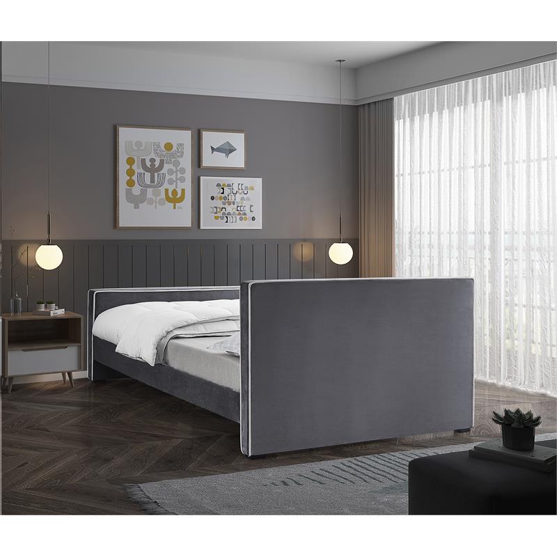 Bowery Hill Contemporary Grey Velvet King Bed with Dark Espresso Wood Legs
