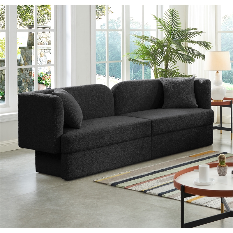 Bowery Hill Contemporary Curved Back Rich Black Boucle Fabric Sofa