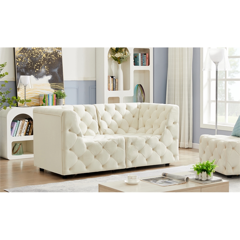 Bowery Hill Contemporary Deep Button Tufted Soft Cream Velvet Modular Sofa