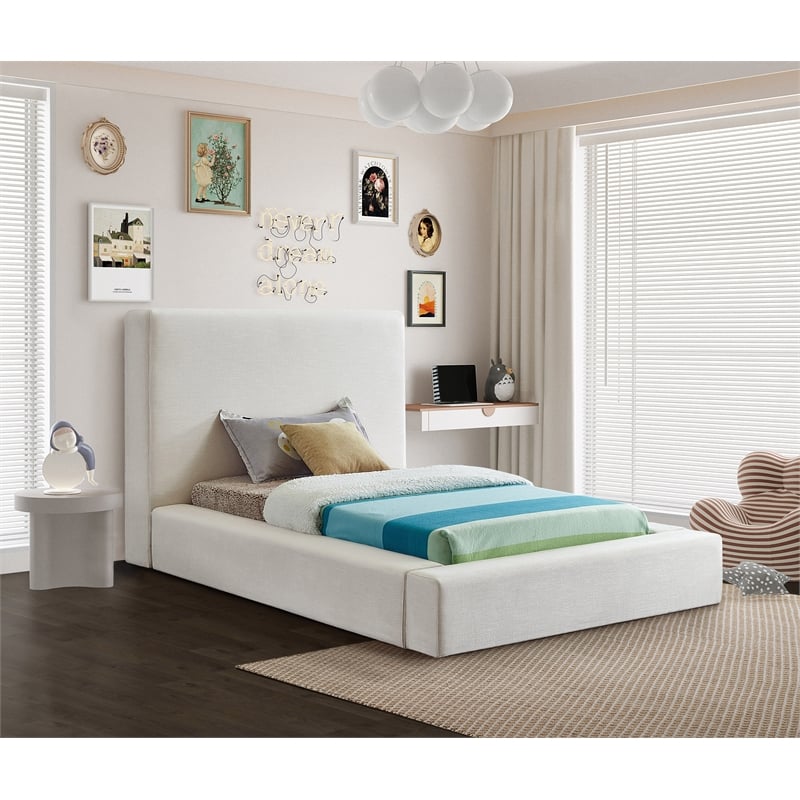 Bowery Hill Contemporary Cream Linen Textured Fabric Twin Bed