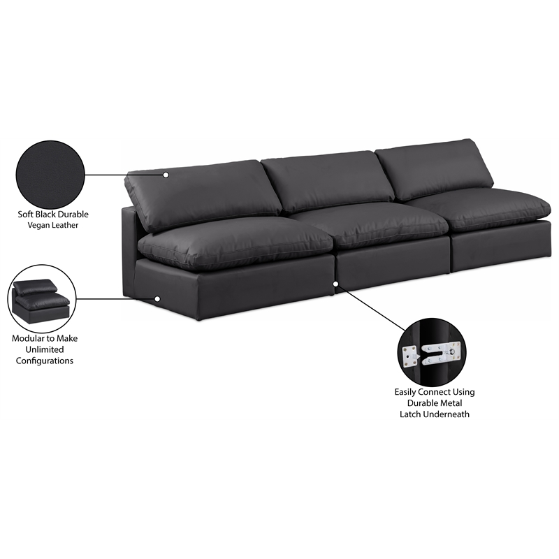 Bowery Hill Contemporary Black Vegan Leather 3-Piece Modular Sofa