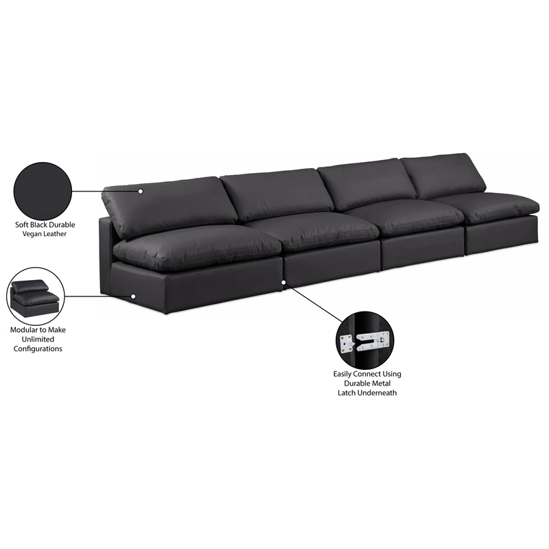 Bowery Hill Contemporary Black Vegan Leather 4-Piece Modular Sofa