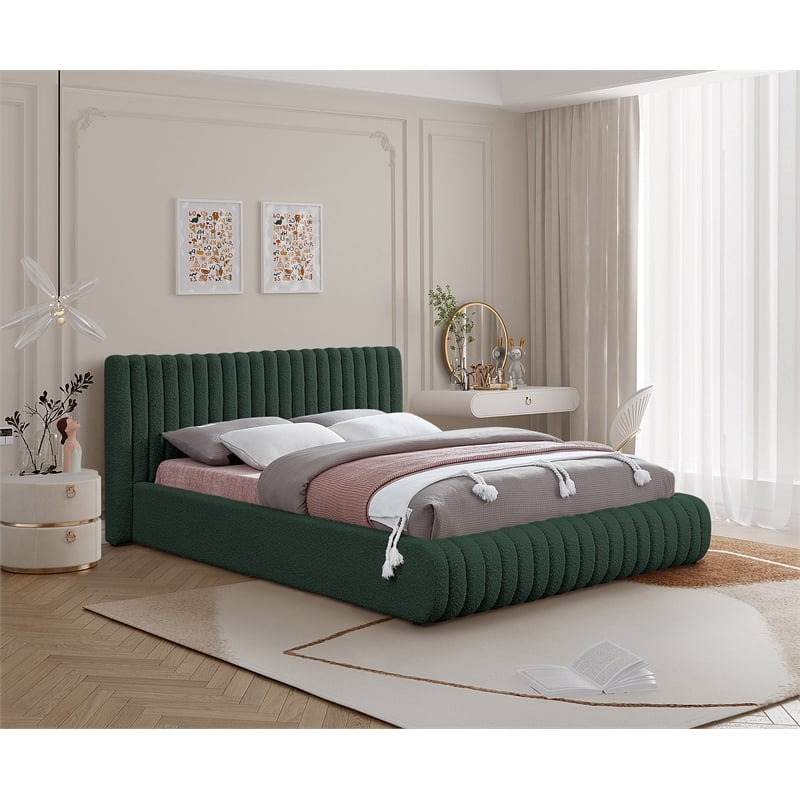 Bowery Hill Contemporary Deep Channel Tufted Rich Green Boucle Fabric Queen Bed